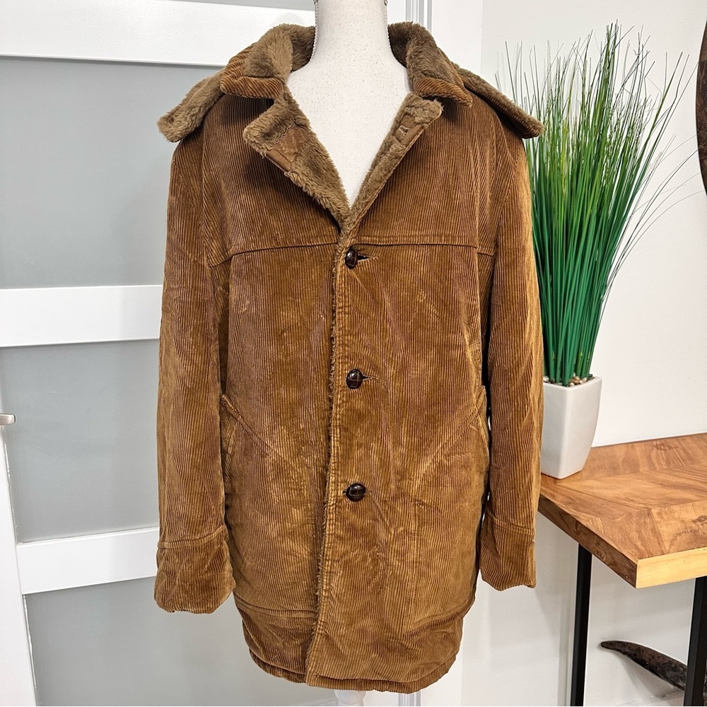 Vtg House Of Peerless Cognac Corduroy Hooded Jacket SZ 42 Faux Fur Lined GUC